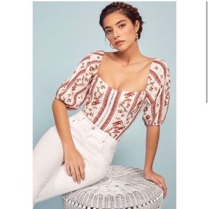 Reformation Floral Puff Sleeve Blouse - White and Red